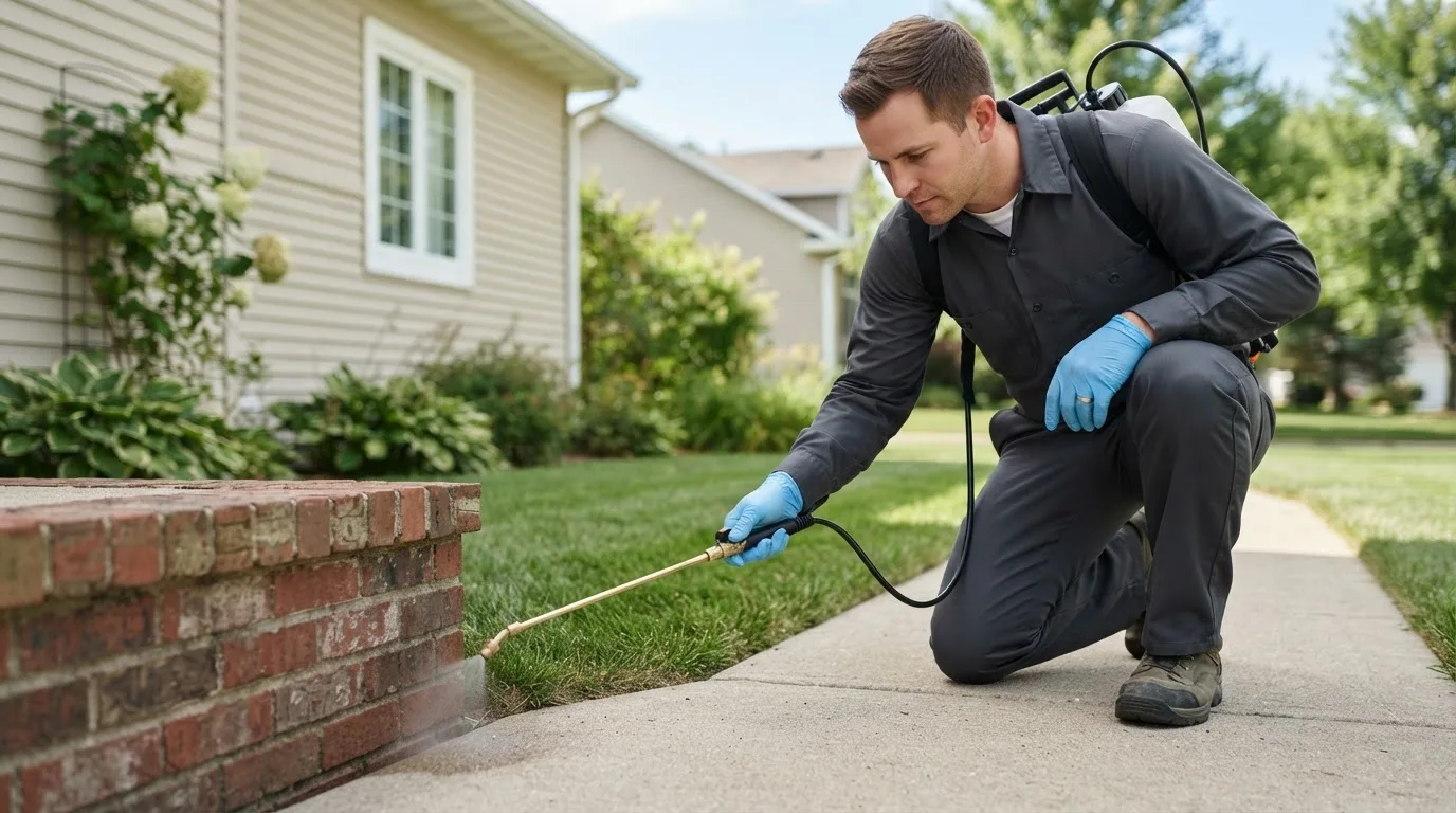 Pest control technician treating a home near Rudd, IA